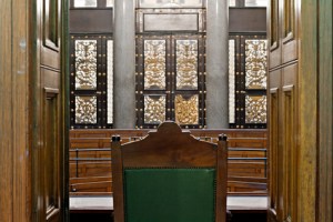 Looking into courtroom from behind judges chair